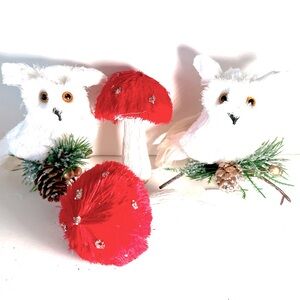 Set of 4 Winter White Owls & Mushrooms Christmas Ornaments Rustic Husks Woodsy